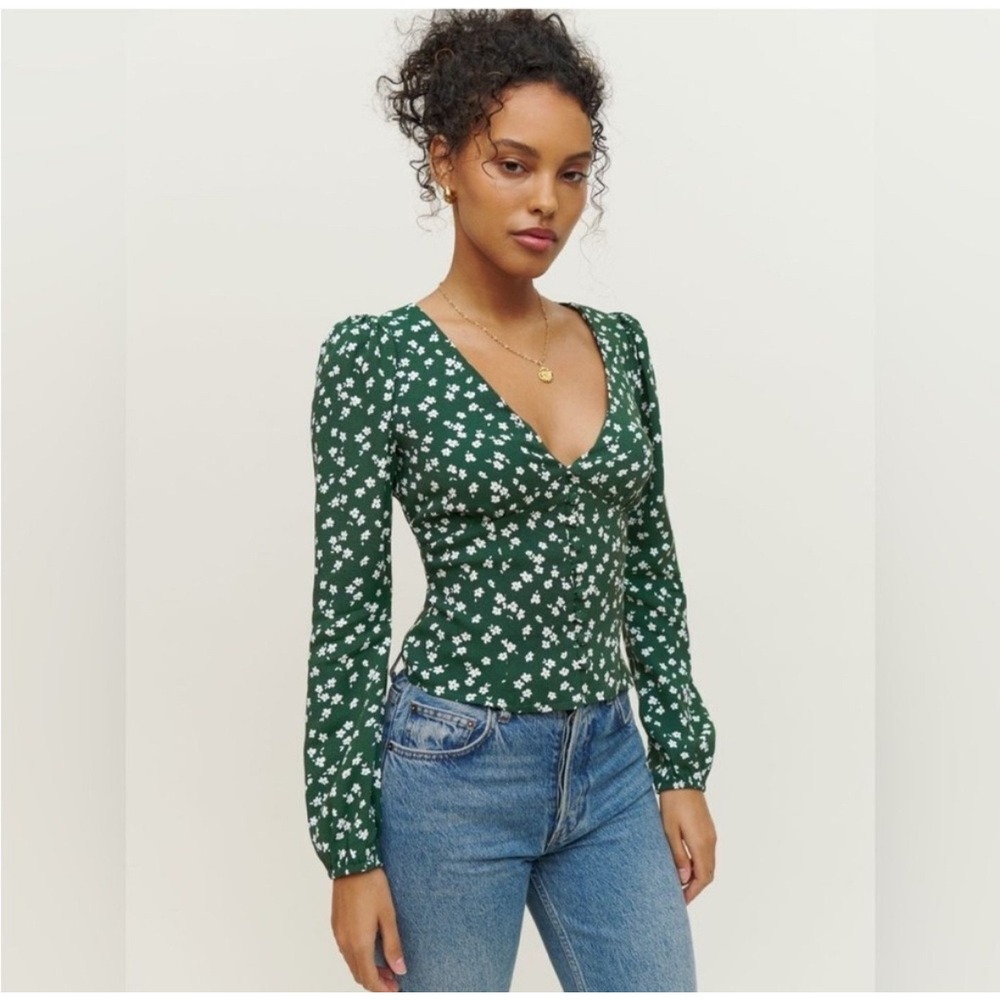 Reformation Green Floral Blouse